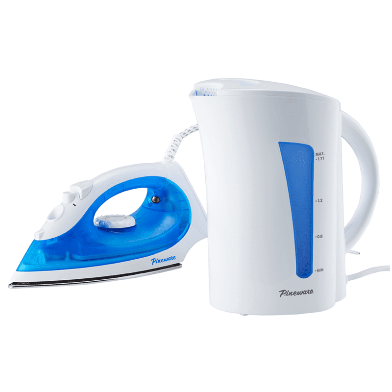 Pineware Twin Pack – Cordless Kettle and Dry Iron Combo