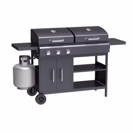 Goldair Gas/Charcoal Barbeque with 3 burners, charcoal tray, and foldable side tables