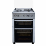 Goldair GGEGEO-5000 freestanding double oven cooker with gas and electric hob, 60x60 design, stainless steel finish.
