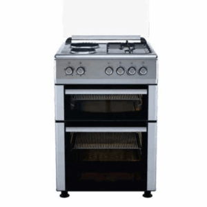 Goldair GGEGEO-5000 freestanding double oven cooker with gas and electric hob, 60x60 design, stainless steel finish.