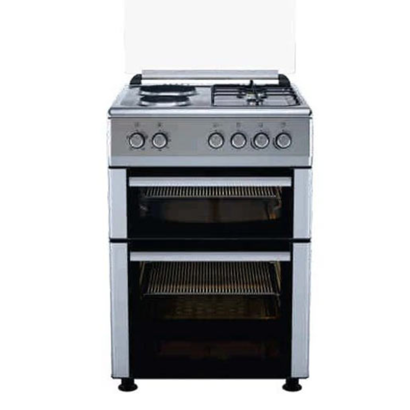 Goldair GGEGEO-5000 freestanding double oven cooker with gas and electric hob, 60x60 design, stainless steel finish.