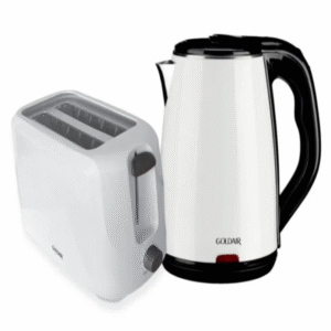 Goldair 2 Piece Breakfast Set in white with 2-slice toaster and 1.7L stainless steel kettle