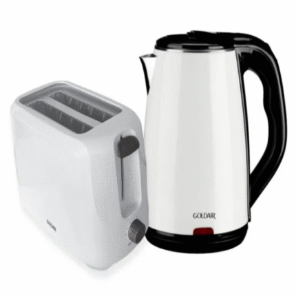 Goldair 2 Piece Breakfast Set in white with 2-slice toaster and 1.7L stainless steel kettle