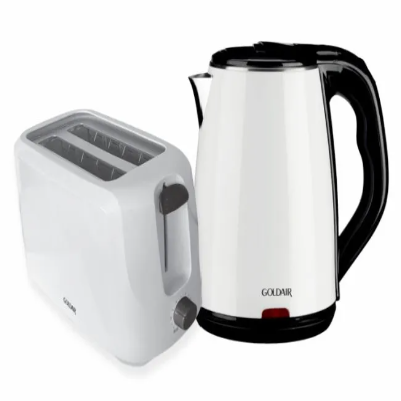 Goldair 2 Piece Breakfast Set in white with 2-slice toaster and 1.7L stainless steel kettle