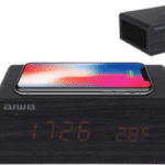 Aiwa Clock Radio with Wireless Charging and Wood Grain Finish