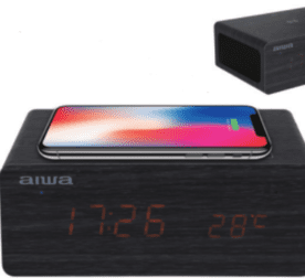 Aiwa Clock Radio with Wireless Charging and Wood Grain Finish