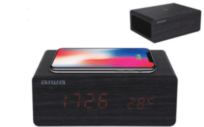 Aiwa Clock Radio with Wireless Charging and Wood Grain Finish