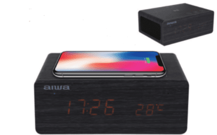 Aiwa Clock Radio with Wireless Charging and Wood Grain Finish