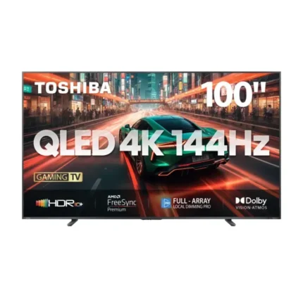 Toshiba 100" 4K QLED Smart TV front view with vivid display