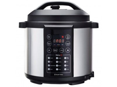 Russell Hobbs stainless‑steel electric pressure cooker with digital front panel