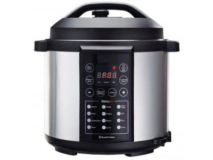 Russell Hobbs stainless‑steel electric pressure cooker with digital front panel
