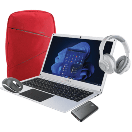 Connex 14" Celeron Laptop Starter Bundle with Red Backpack, Mouse, Headphones, and Powerbank