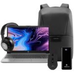 HP 250 G9 laptop bundle with mouse, headset, powerbank, and bag