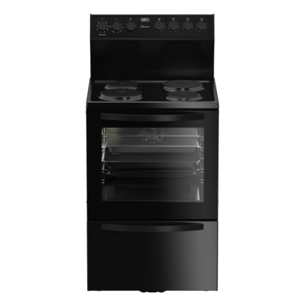 Defy 60cm Thermofan+ Electric Stove in Black with 4 Solid Plates