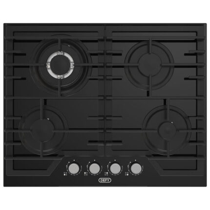 Defy 4-Burner Gas Hob – Black Glass with Cast Iron Supports