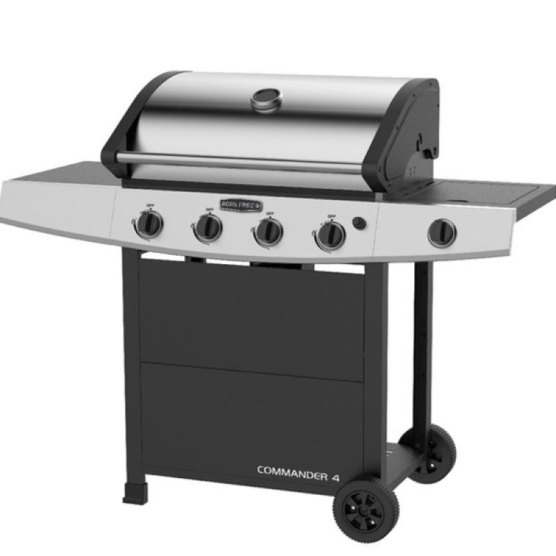 Cadac 4 Burner Commander Gas Braai with stainless steel finish and side tables