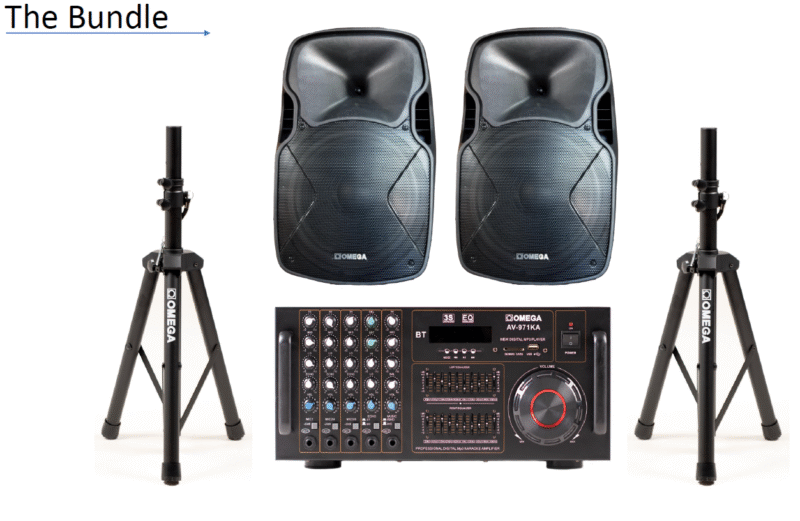 Omega AV-971KA Amplifier & High Power Speaker Bundle with Stands – 80W RMS, 2CH Stereo, 3D Surround, 5 Mic Inputs - Image 1