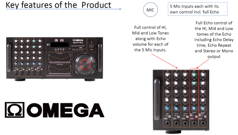 Omega AV-971KA Amplifier & High Power Speaker Bundle with Stands – 80W RMS, 2CH Stereo, 3D Surround, 5 Mic Inputs - Image 3