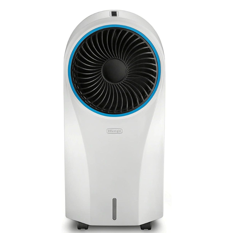 DeLonghi EV250 portable evaporative air cooler with 5L tank and castor wheels