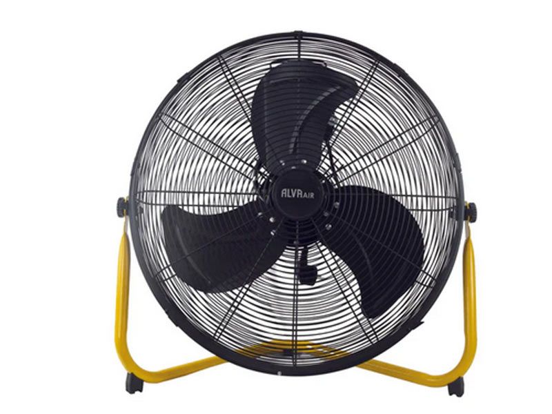Alva Air 45cm High Velocity Floor Fan ACS602 with matte black grill and yellow stand