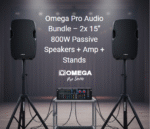 Omega Pro Audio Bundle – 2x 15" 800W Speakers + USB/SD Amplifier + Stands