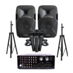 Omega Karaoke PA Bundle: 2x 15” X-L10 Speakers + 2x 176cm Stands + AV-97234 400W Bluetooth Amp + 3 Mics