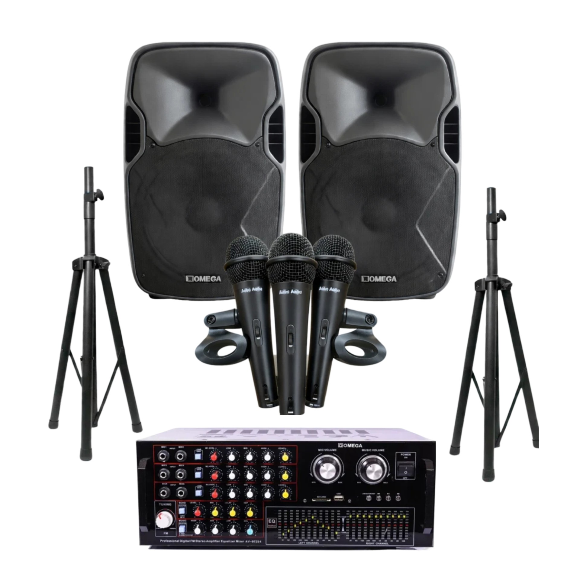 PAbundle Omega Karaoke PA Bundle: 2x 15” X-L10 Speakers + 2x 176cm Stands + AV-97234 400W Bluetooth Amp + 3 Mics - Image 1