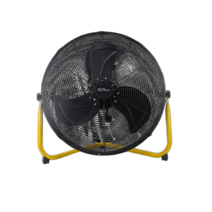 Alva Air 45cm High Velocity Floor Fan ACS602 with matte black grill and yellow stand
