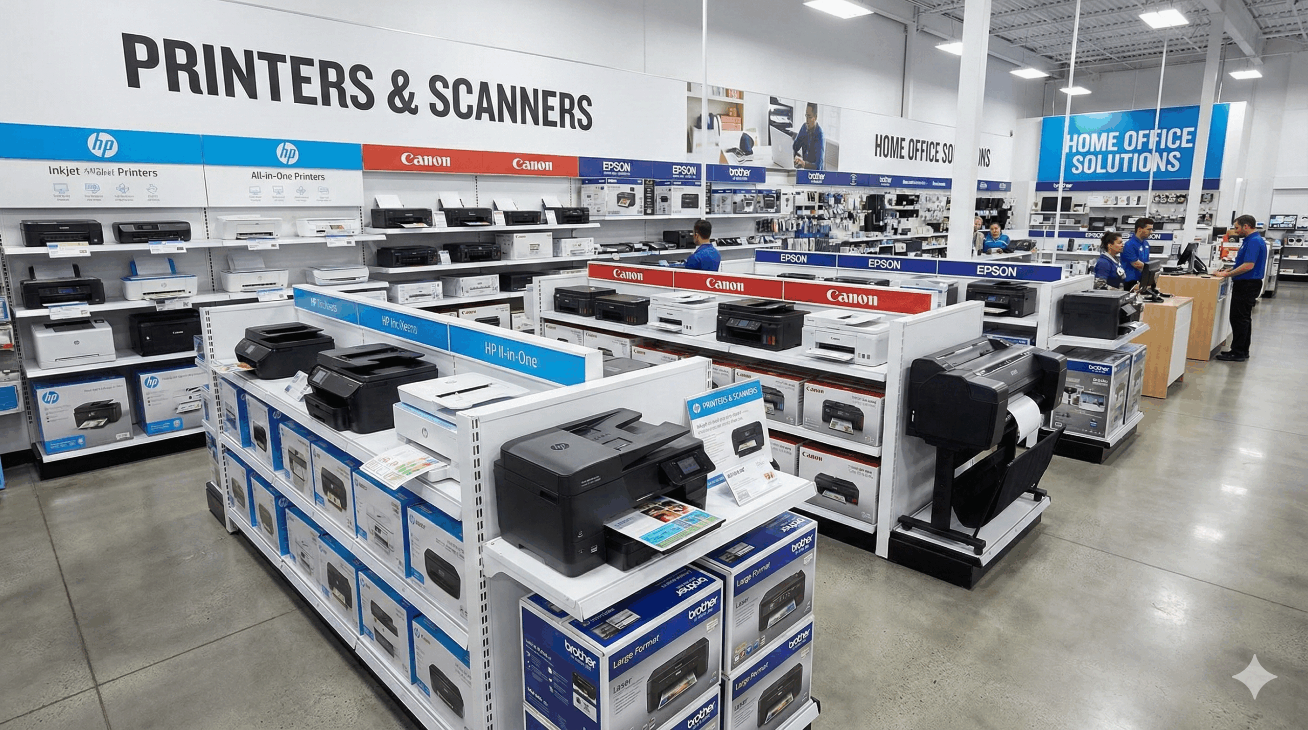 image depicting a display of various computers home and office use printers