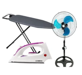 Iron, ironing board and pedestal fan bundle
