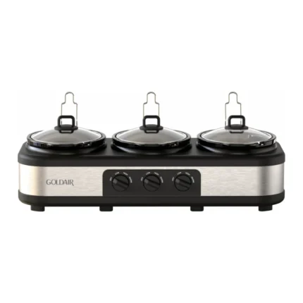 Goldair GSC-325 Triple Pot Slow Cooker with three 2.5L oval pots and stainless steel finish.