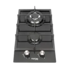 TOTAI 2 Burner Gas on Glass Hob with black tempered glass and front controls.