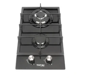 TOTAI 2 Burner Gas on Glass Hob with black tempered glass and front controls.