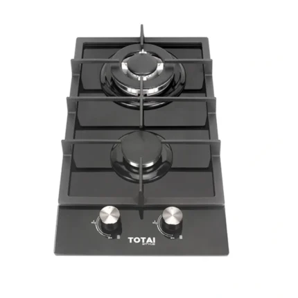 TOTAI 2 Burner Gas on Glass Hob with black tempered glass and front controls.
