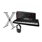 Product image of the Rhythm MI A810 61‑Key Keyboard Bundle, featuring the keyboard with protective bag, X‑frame stand, and HP940 headphones for complete practice and performance setup.