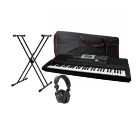 Product image of the Rhythm MI A810 61‑Key Keyboard Bundle, featuring the keyboard with protective bag, X‑frame stand, and HP940 headphones for complete practice and performance setup.