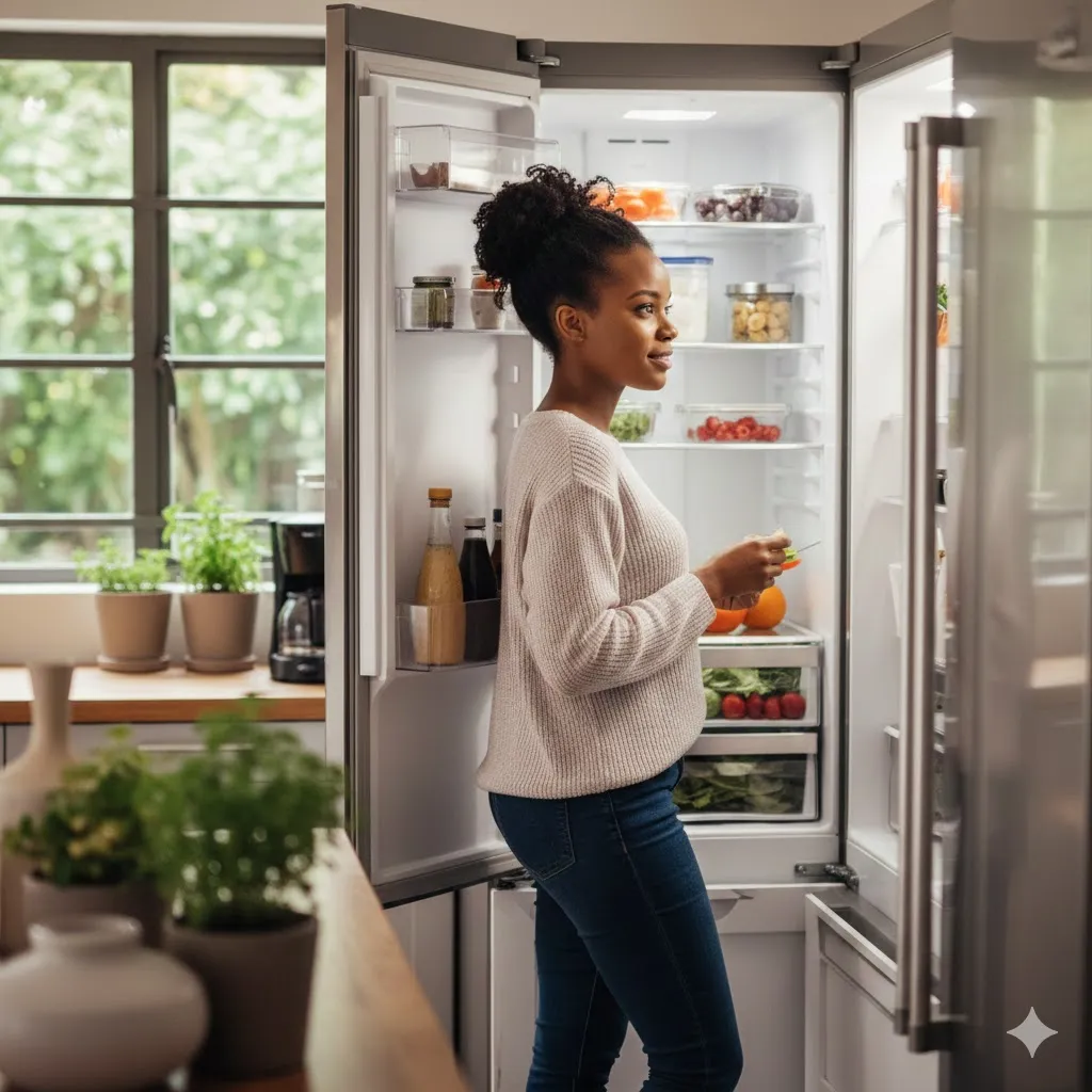 woman standing in front of a double door fridge